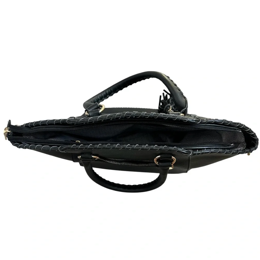 ISABELLE Women’s Nubuck Leather/Vegan Leather Purse Tote Black/Gold Braid Tassel